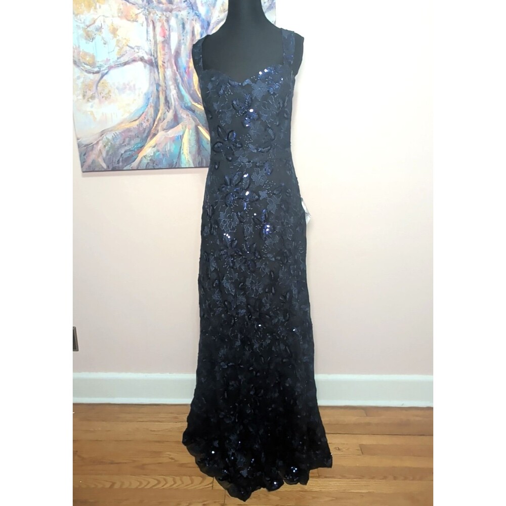 Dress The Population Anabel Women XXL Navy Blue Sequin Embroidered Floral Gown - Picture 3 of 16